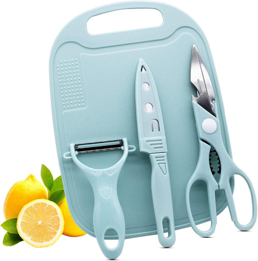 Kit Tabla De Picar 4 Piezas Cuchillo Tijera Pelador Cocina
