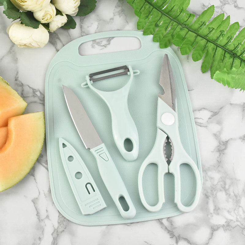 Kit Tabla De Picar 4 Piezas Cuchillo Tijera Pelador Cocina