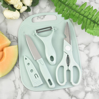 Kit Tabla De Picar 4 Piezas Cuchillo Tijera Pelador Cocina
