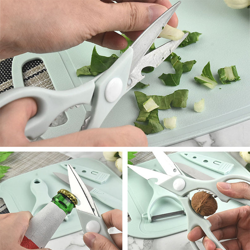 Kit Tabla De Picar 4 Piezas Cuchillo Tijera Pelador Cocina