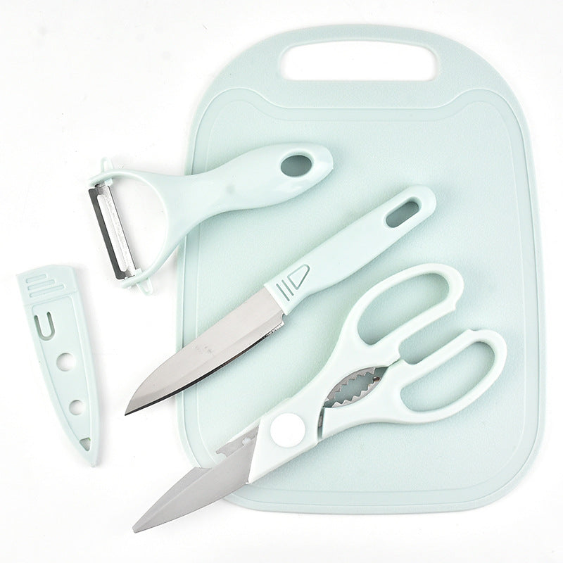 Kit Tabla De Picar 4 Piezas Cuchillo Tijera Pelador Cocina