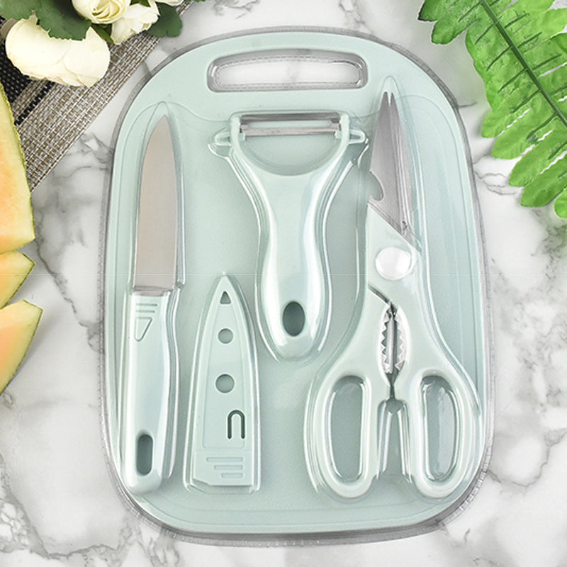 Kit Tabla De Picar 4 Piezas Cuchillo Tijera Pelador Cocina