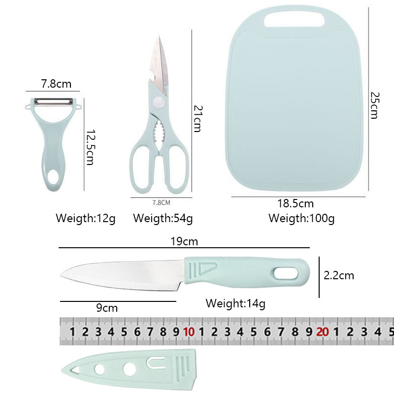 Kit Tabla De Picar 4 Piezas Cuchillo Tijera Pelador Cocina