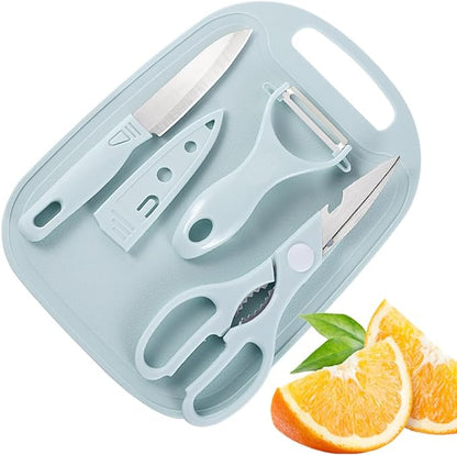 Kit Tabla De Picar 4 Piezas Cuchillo Tijera Pelador Cocina